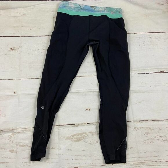 Lululemon Inspire Mesh Black midrise cropped Legging Floral band waist womens 8 - Picture 6 of 8